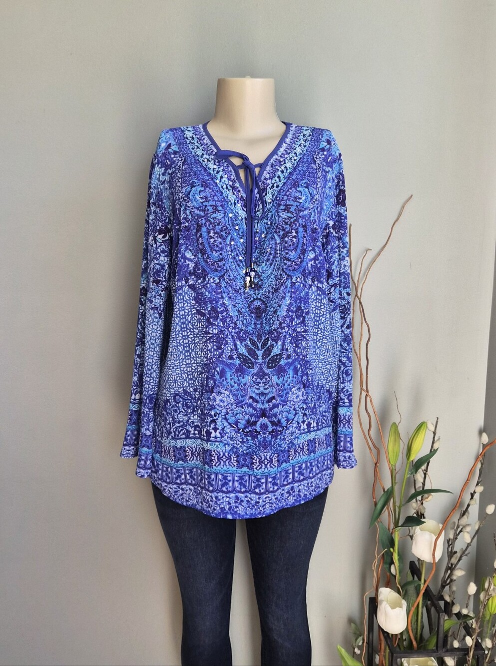 Belle By Kim Gravel Paisley Print Embellished Blouse Size S